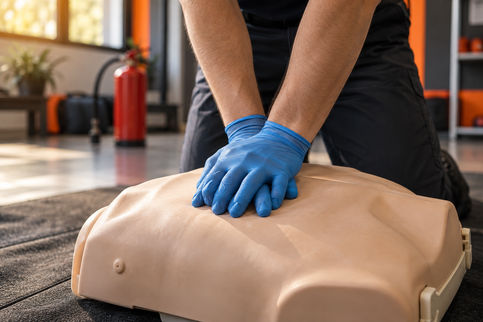 Mise en pratique de la réanimation sur un mannequin de formation, avec un extincteur en arrière-plan